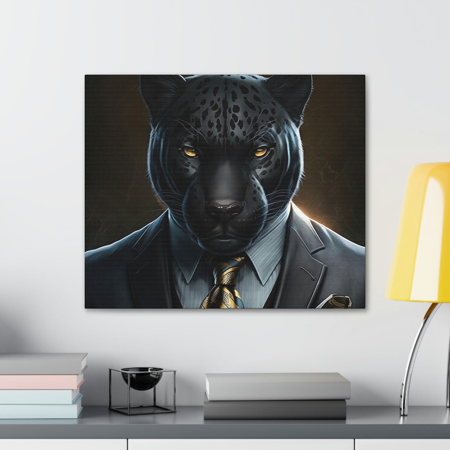 Black Panther in Boss Suit Canvas Portrait, Living Room Animal Portrait Wall Art, Black Panther Animal Painting, Panther Lover gift