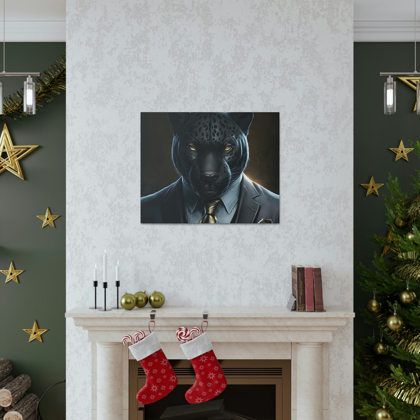 Black Panther in Boss Suit Canvas Portrait, Living Room Animal Portrait Wall Art, Black Panther Animal Painting, Panther Lover gift