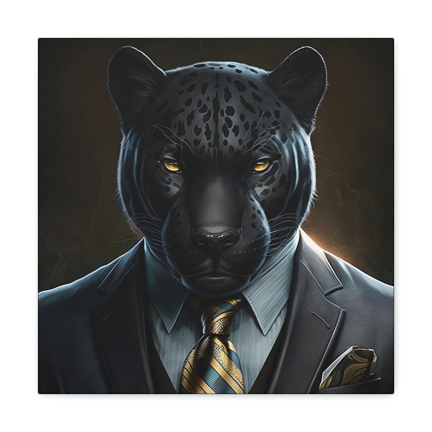 Black Panther in Boss Suit Canvas Portrait, Living Room Animal Portrait Wall Art, Black Panther Animal Painting, Panther Lover gift