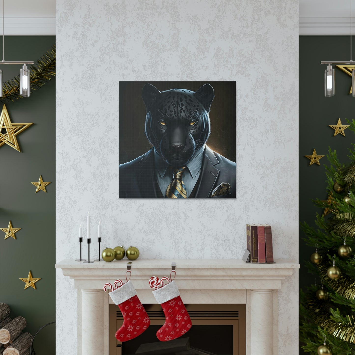 Black Panther in Boss Suit Canvas Portrait, Living Room Animal Portrait Wall Art, Black Panther Animal Painting, Panther Lover gift