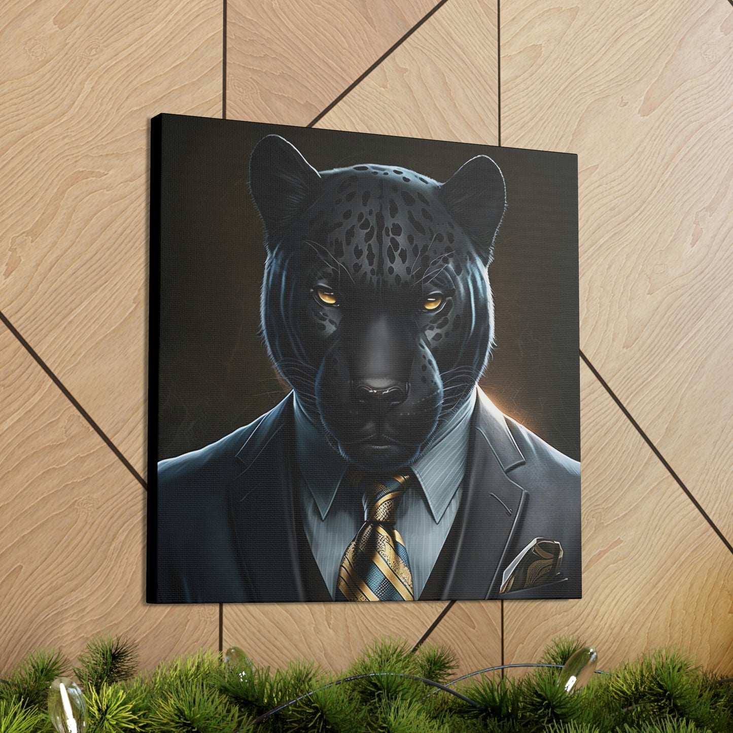 Black Panther in Boss Suit Canvas Portrait, Living Room Animal Portrait Wall Art, Black Panther Animal Painting, Panther Lover gift