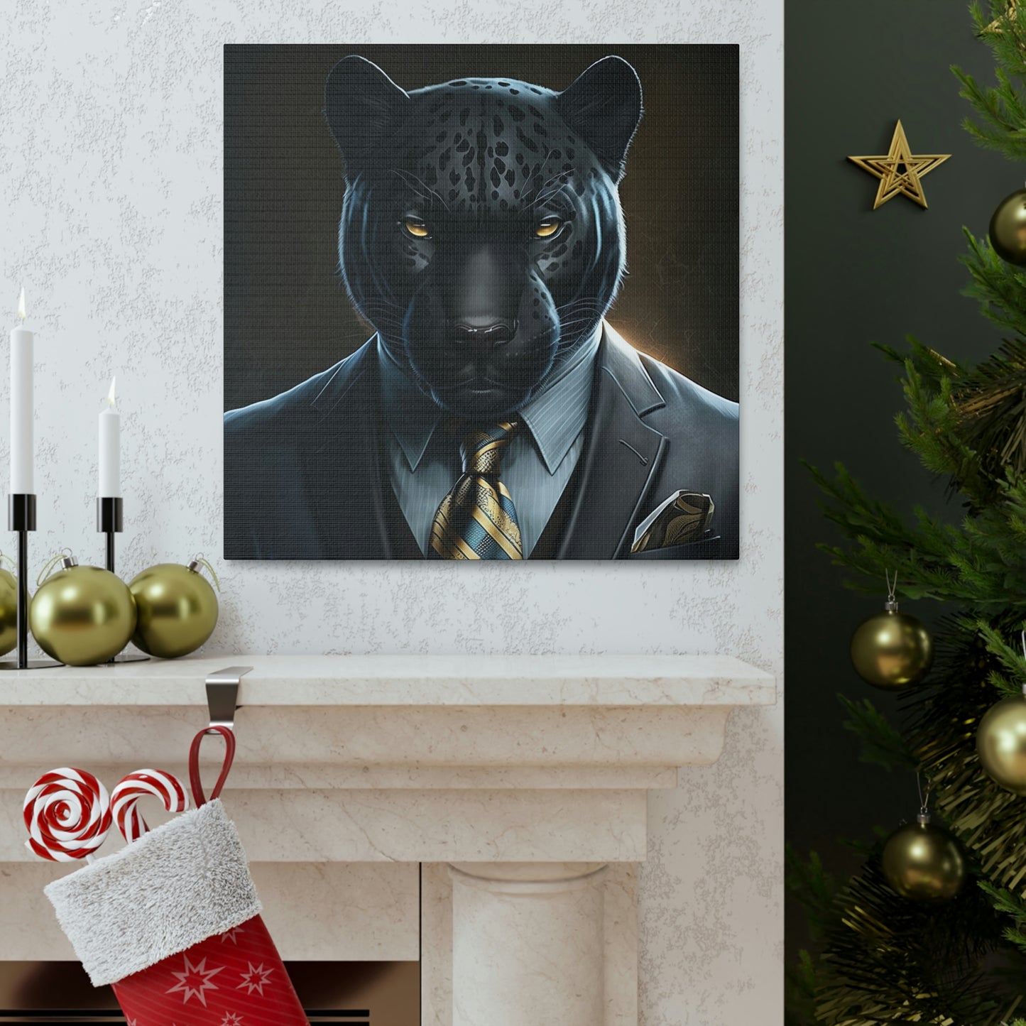 Black Panther in Boss Suit Canvas Portrait, Living Room Animal Portrait Wall Art, Black Panther Animal Painting, Panther Lover gift