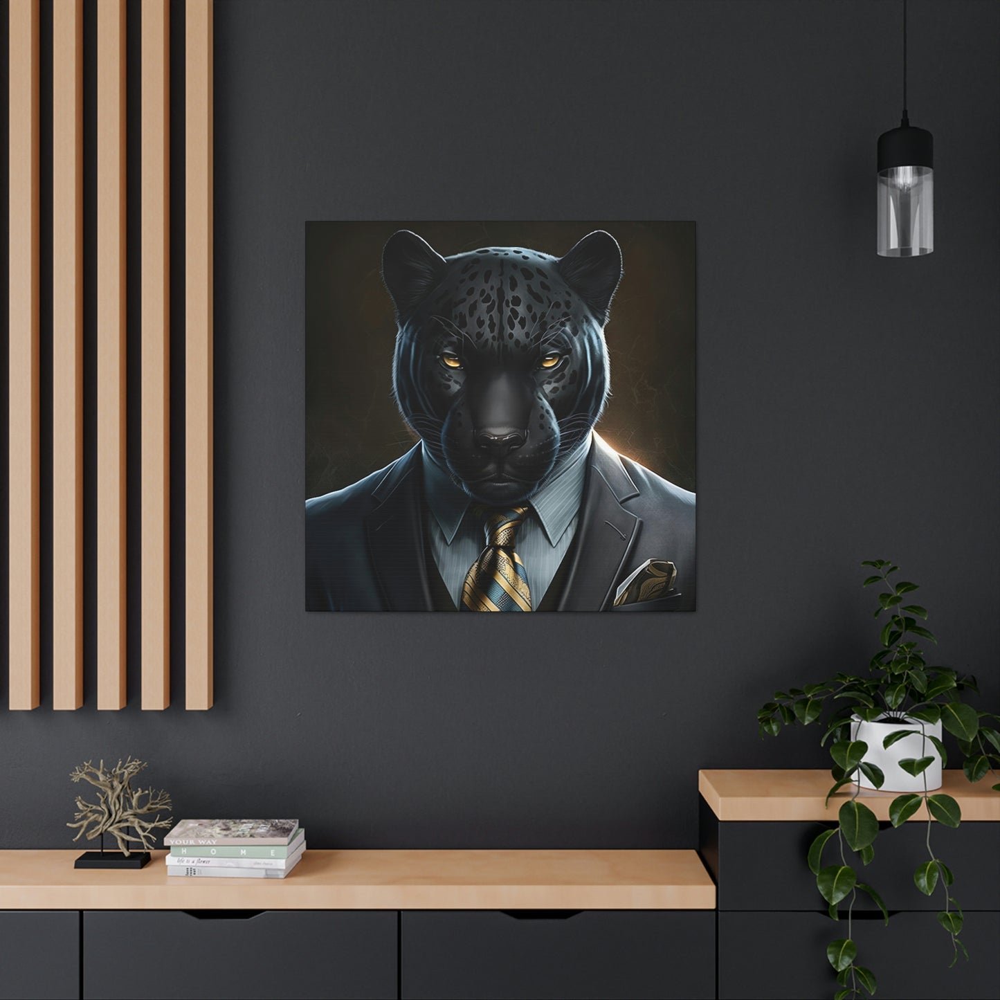 Black Panther in Boss Suit Canvas Portrait, Living Room Animal Portrait Wall Art, Black Panther Animal Painting, Panther Lover gift