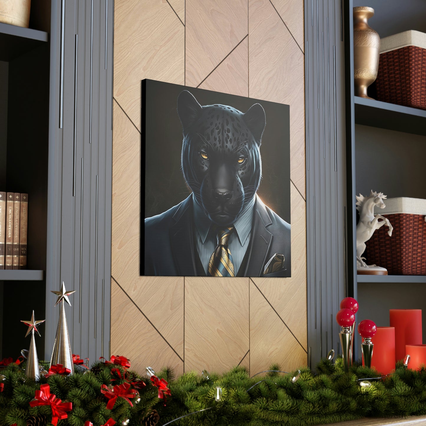 Black Panther in Boss Suit Canvas Portrait, Living Room Animal Portrait Wall Art, Black Panther Animal Painting, Panther Lover gift