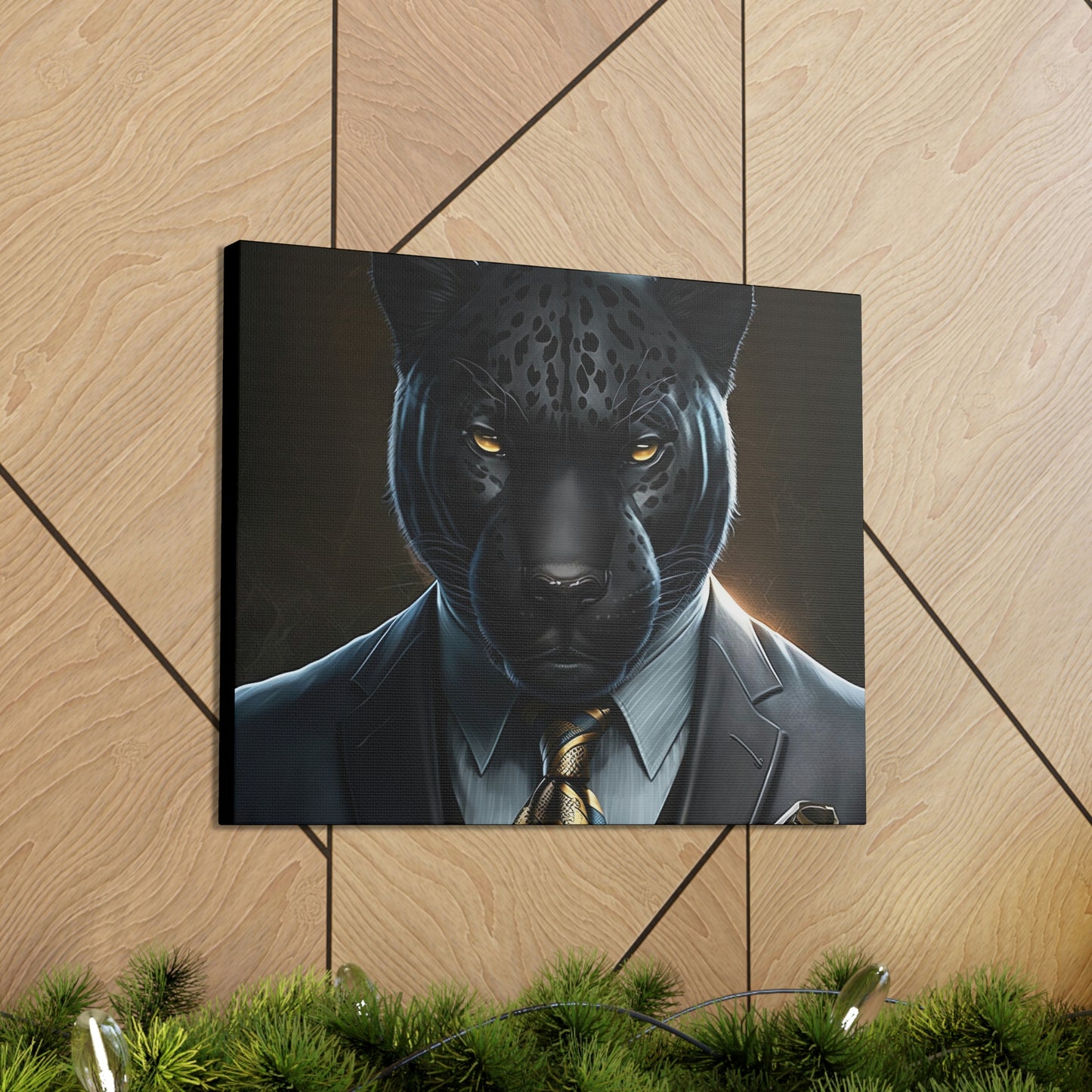 Black Panther in Boss Suit Canvas Portrait, Living Room Animal Portrait Wall Art, Black Panther Animal Painting, Panther Lover gift
