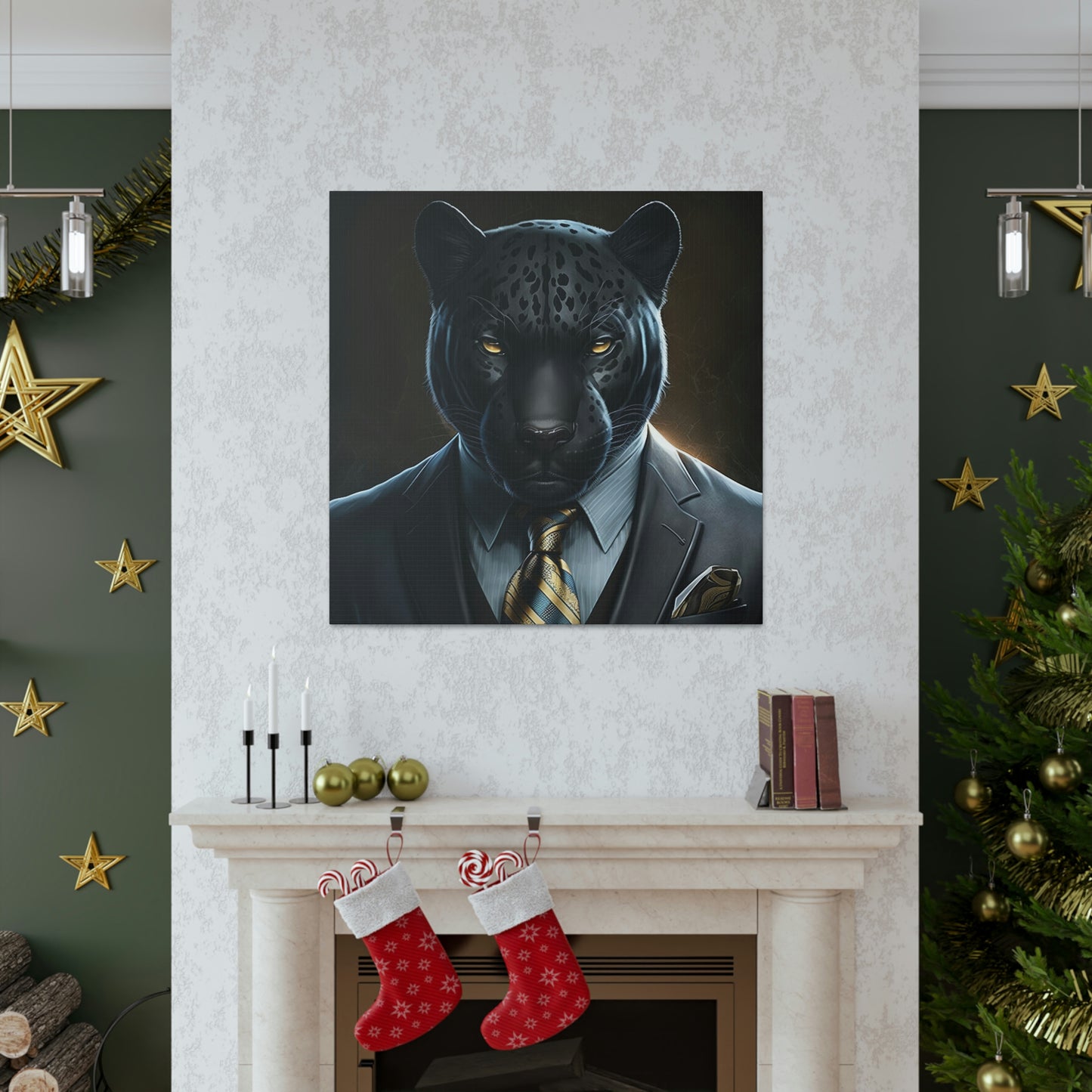 Black Panther in Boss Suit Canvas Portrait, Living Room Animal Portrait Wall Art, Black Panther Animal Painting, Panther Lover gift