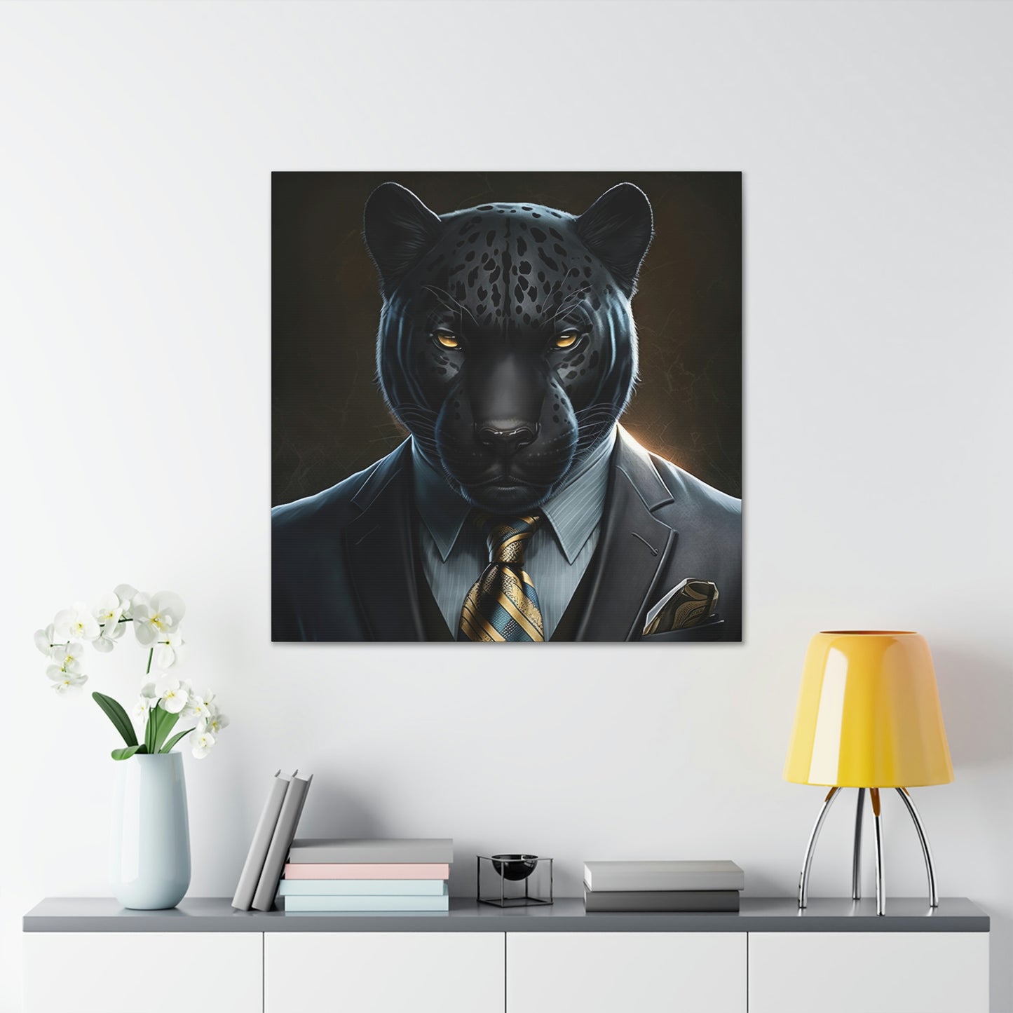 Black Panther in Boss Suit Canvas Portrait, Living Room Animal Portrait Wall Art, Black Panther Animal Painting, Panther Lover gift