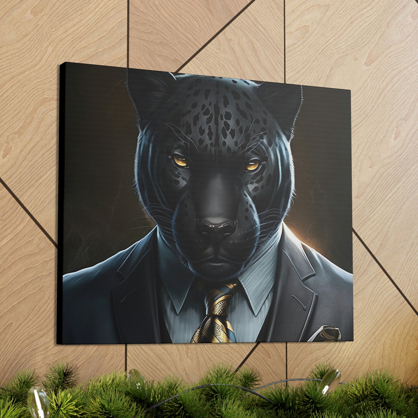 Black Panther in Boss Suit Canvas Portrait, Living Room Animal Portrait Wall Art, Black Panther Animal Painting, Panther Lover gift
