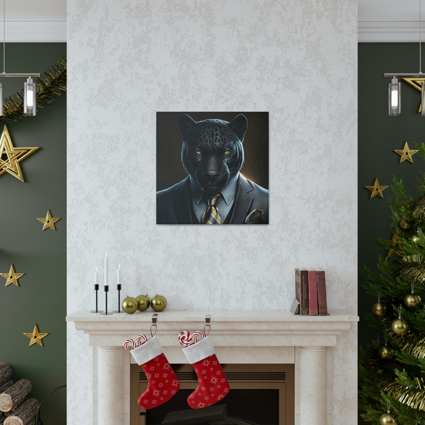 Black Panther in Boss Suit Canvas Portrait, Living Room Animal Portrait Wall Art, Black Panther Animal Painting, Panther Lover gift