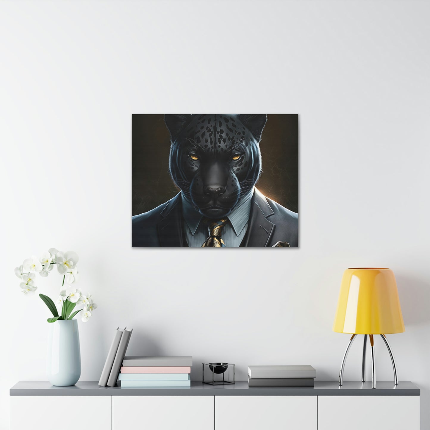 Black Panther in Boss Suit Canvas Portrait, Living Room Animal Portrait Wall Art, Black Panther Animal Painting, Panther Lover gift