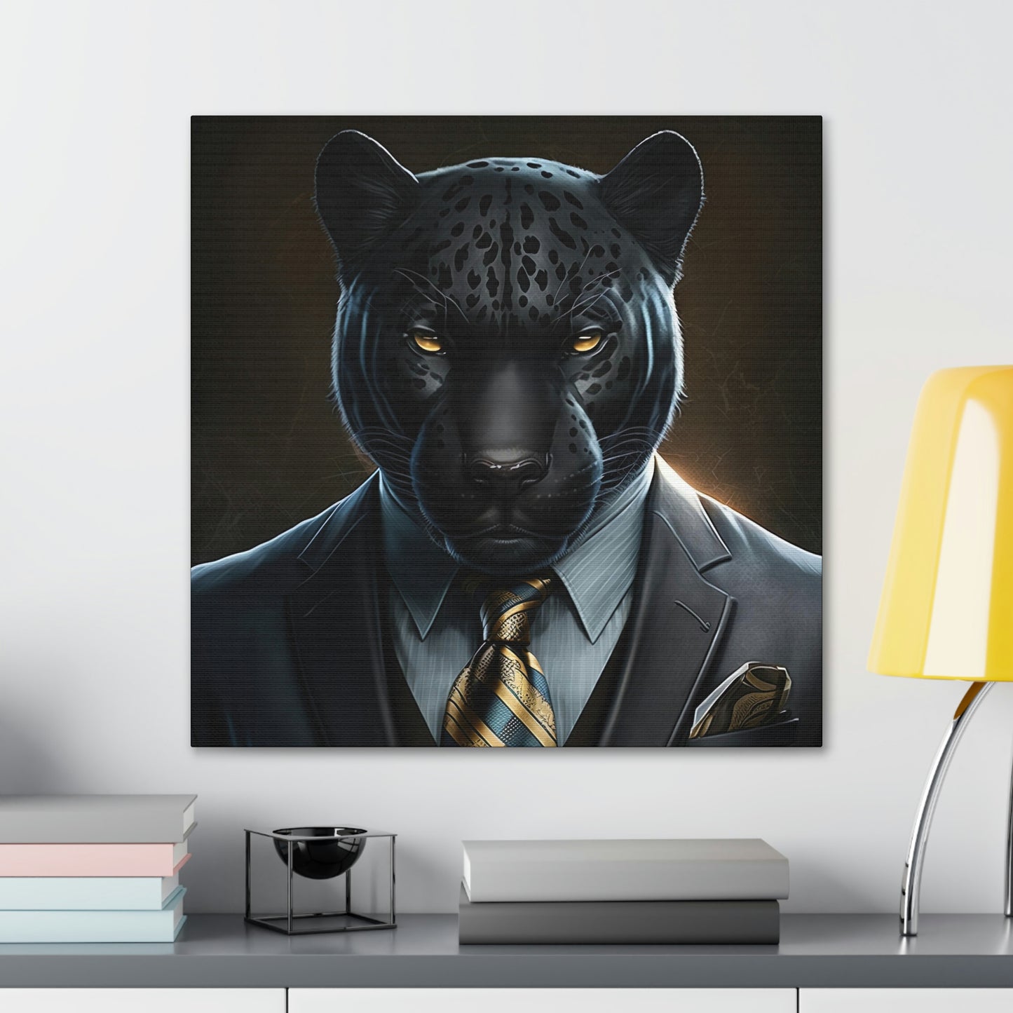 Black Panther in Boss Suit Canvas Portrait, Living Room Animal Portrait Wall Art, Black Panther Animal Painting, Panther Lover gift