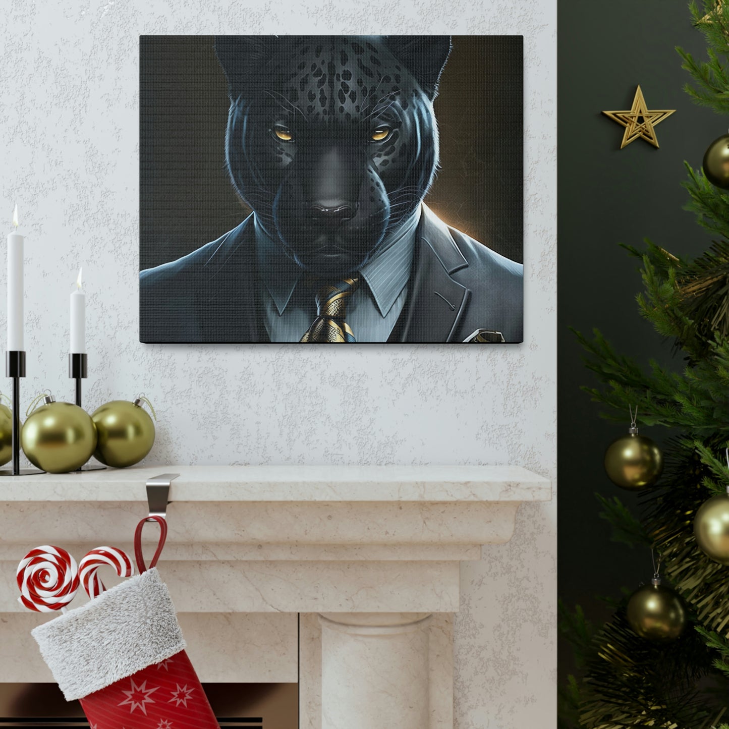 Black Panther in Boss Suit Canvas Portrait, Living Room Animal Portrait Wall Art, Black Panther Animal Painting, Panther Lover gift