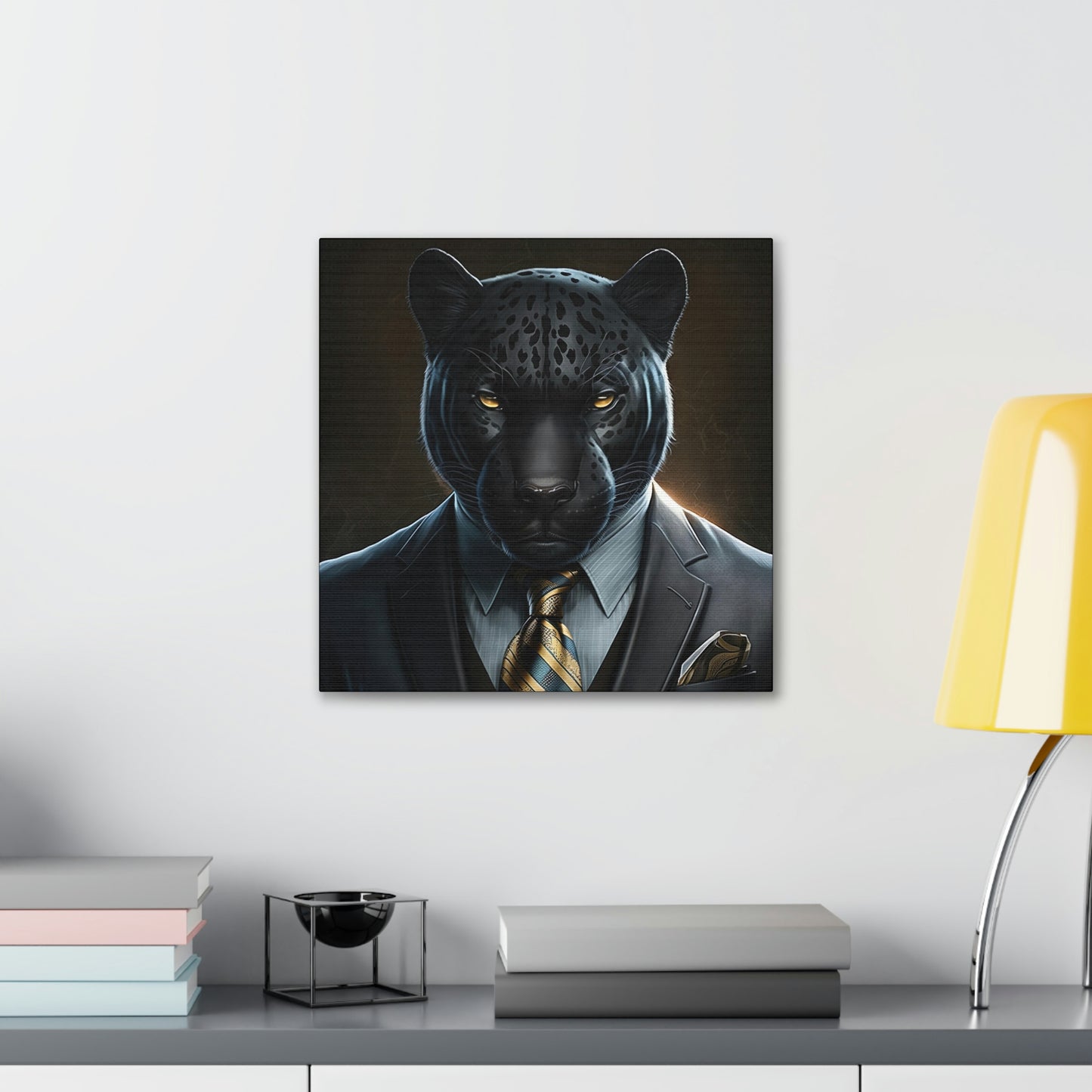 Black Panther in Boss Suit Canvas Portrait, Living Room Animal Portrait Wall Art, Black Panther Animal Painting, Panther Lover gift