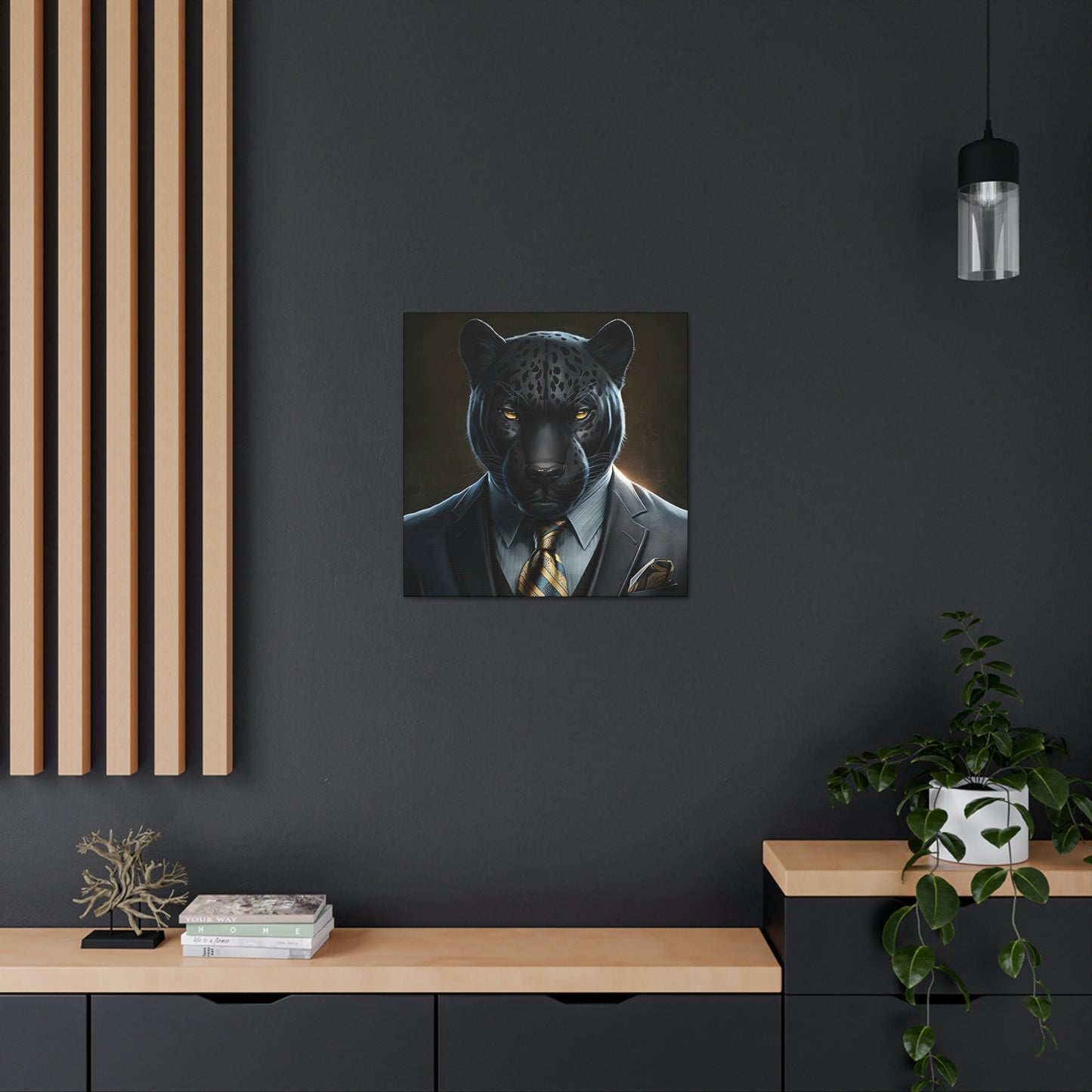 Black Panther in Boss Suit Canvas Portrait, Living Room Animal Portrait Wall Art, Black Panther Animal Painting, Panther Lover gift