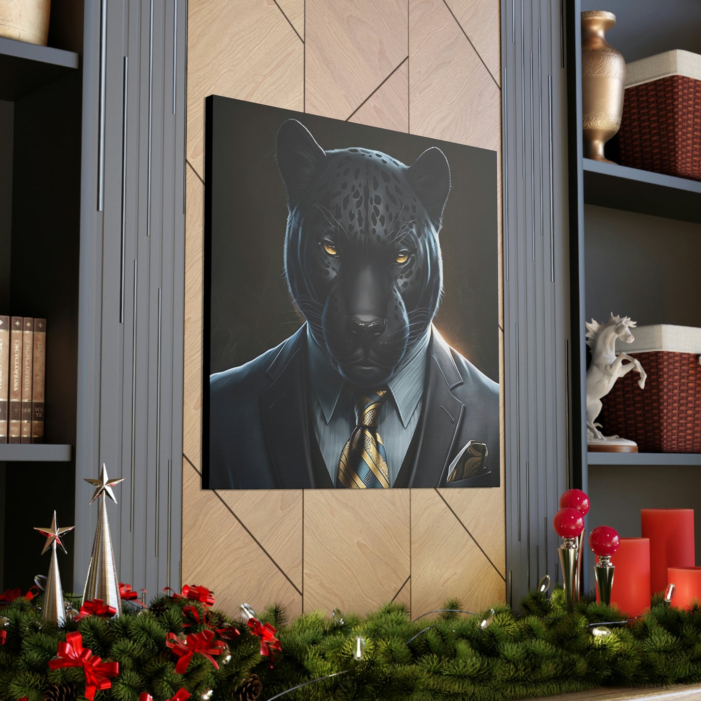 Black Panther in Boss Suit Canvas Portrait, Living Room Animal Portrait Wall Art, Black Panther Animal Painting, Panther Lover gift
