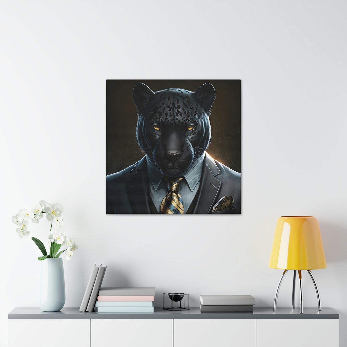 Black Panther in Boss Suit Canvas Portrait, Living Room Animal Portrait Wall Art, Black Panther Animal Painting, Panther Lover gift