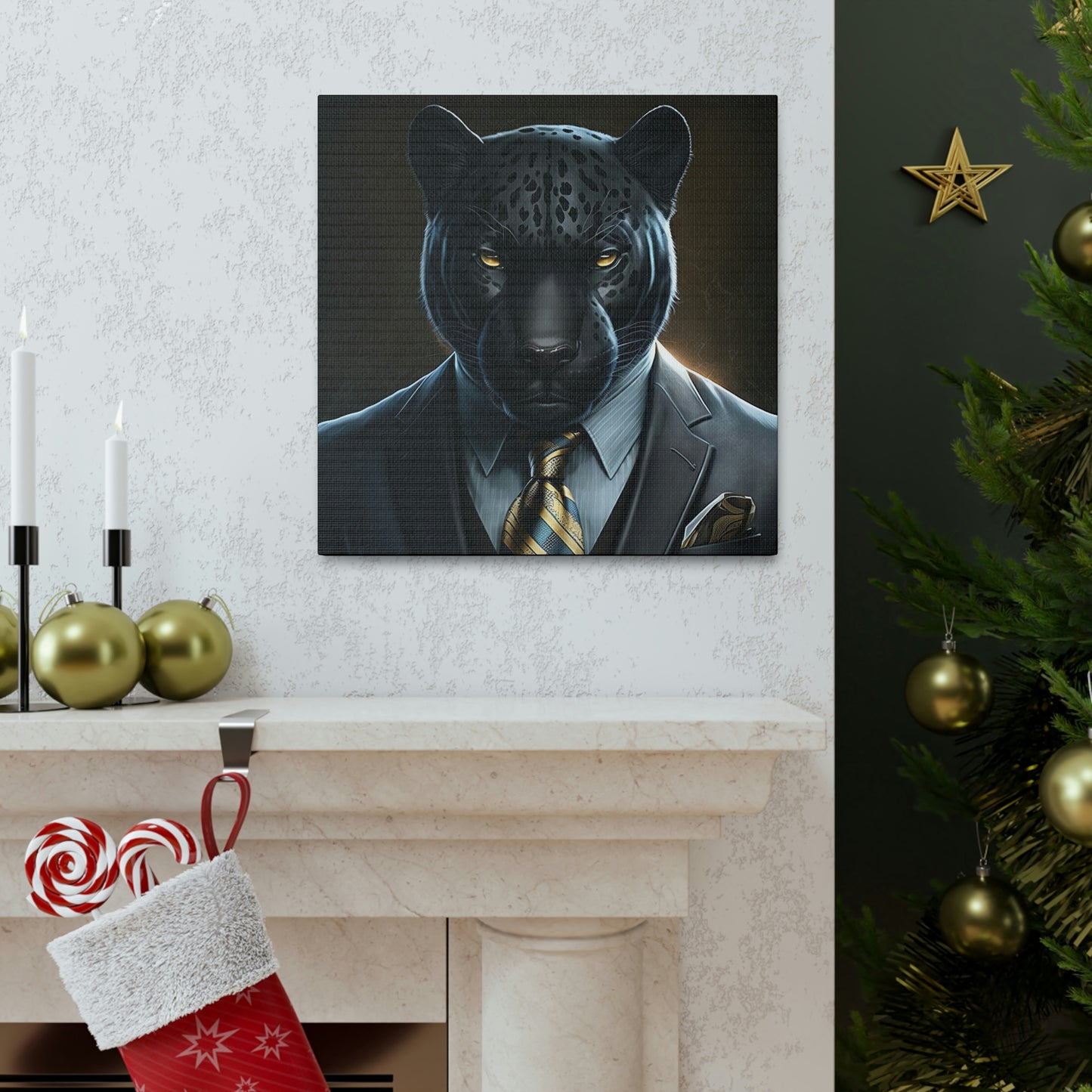 Black Panther in Boss Suit Canvas Portrait, Living Room Animal Portrait Wall Art, Black Panther Animal Painting, Panther Lover gift