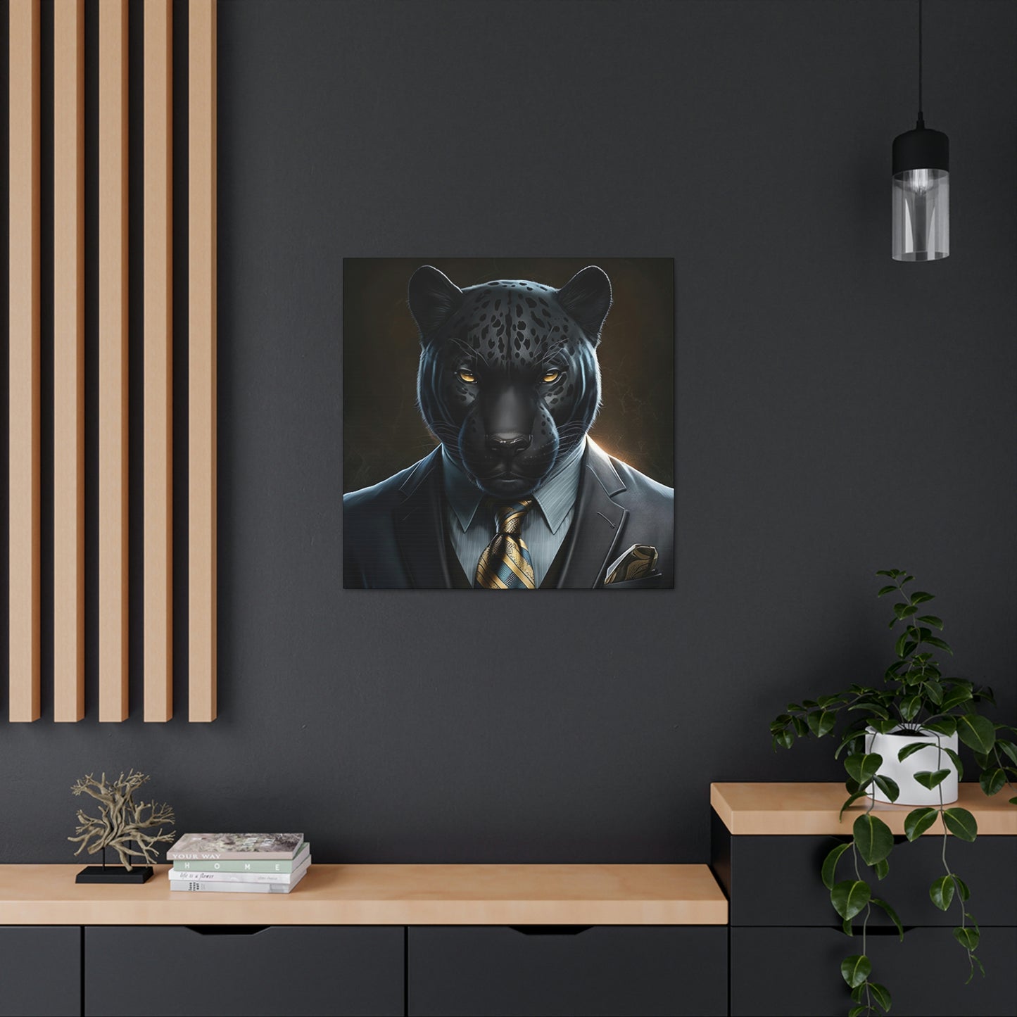Black Panther in Boss Suit Canvas Portrait, Living Room Animal Portrait Wall Art, Black Panther Animal Painting, Panther Lover gift