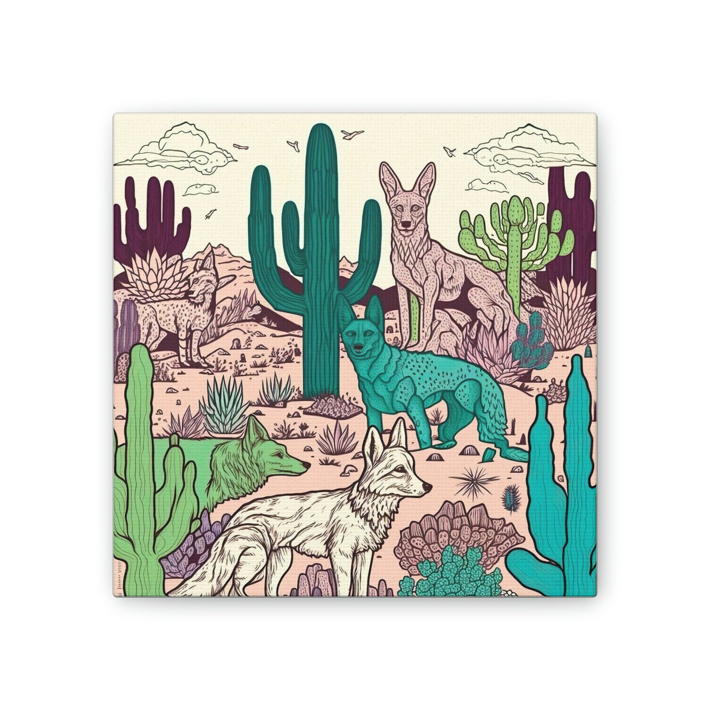 Coyote Cactus Pastel Canvas, Coyote Drawing Wall Art, Wild Animal Canvases, Home Decor Wall Canvas, Desert Wall Art