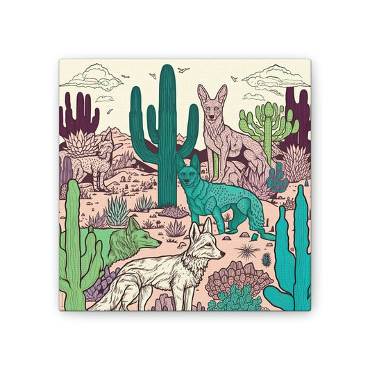 Coyote Cactus Pastel Canvas, Coyote Drawing Wall Art, Wild Animal Canvases, Home Decor Wall Canvas, Desert Wall Art