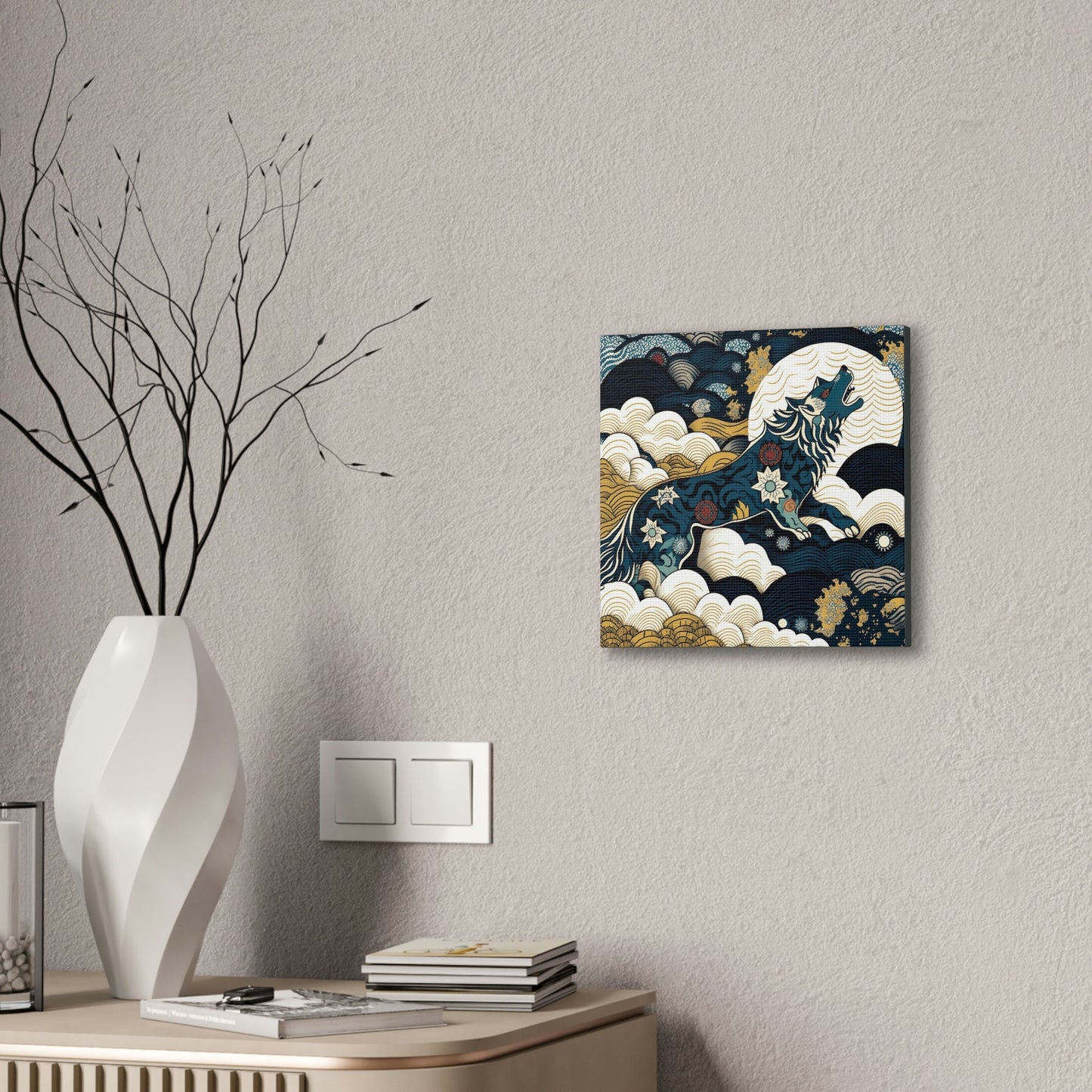 Howling Wolf Moon Wall Art, Wildlife Art Animal Wall Decor, Floral Decor Wolf Wall Art, Nature Canvas Wall Art, Housewarming Gift