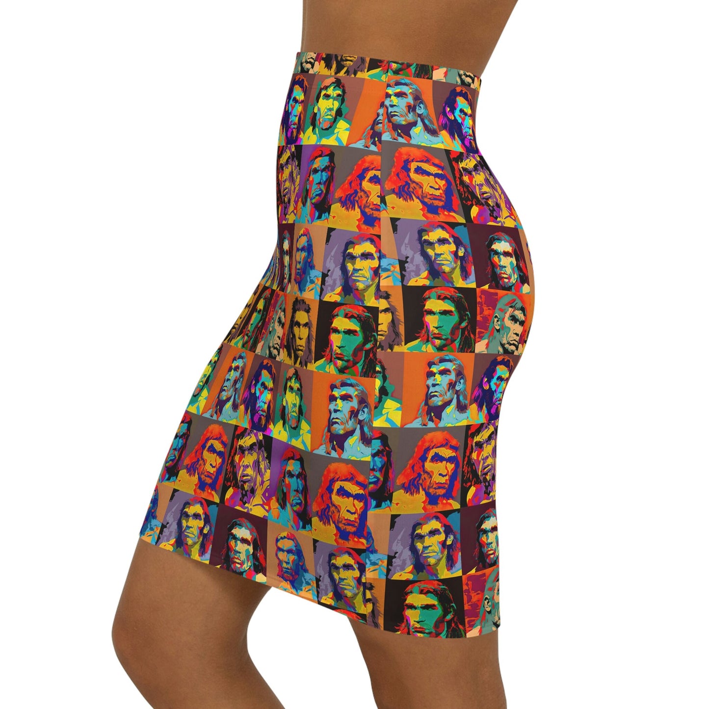 Neanderthal Portraits Pop Art Women's Mini Skirt, Face Print Mini Skirt, Designer Mini Skirt, Fashion Summer Skirt