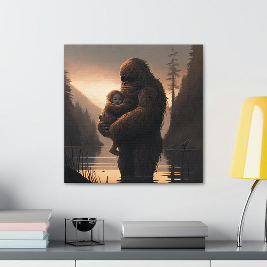 Sasquatch Mother and Child Wildlife Art, Sasquatch Bigfoot Canvas Wall Art, Sunset Animal Wall Art, Bigfoot Gift for Animal Lover