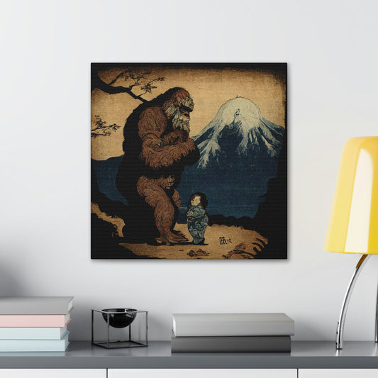 Sasquatch Meeting Child Canvas Art Print, Animal Art Print, Sasquatch Bigfoot Decal, Retro Wall Art, Inspirational Art