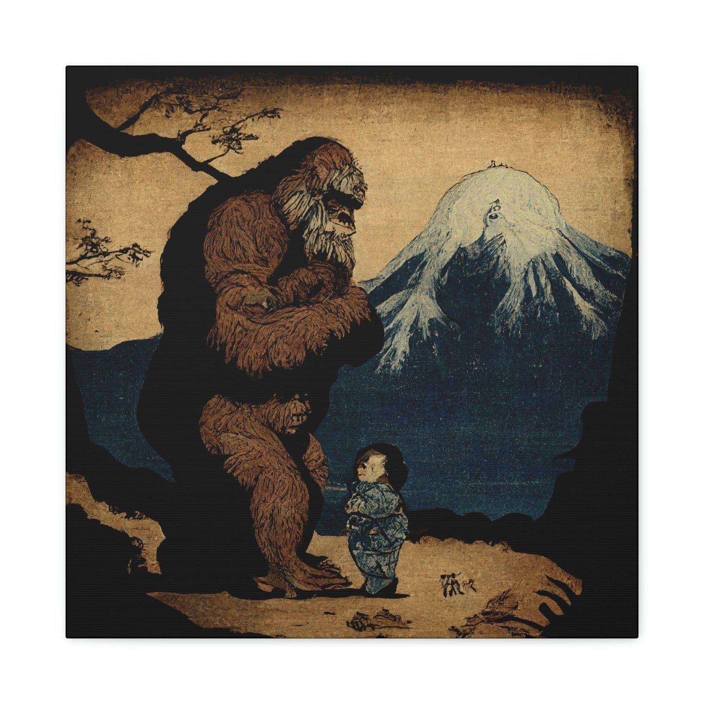 Sasquatch Meeting Child Canvas Art Print, Animal Art Print, Sasquatch Bigfoot Decal, Retro Wall Art, Inspirational Art