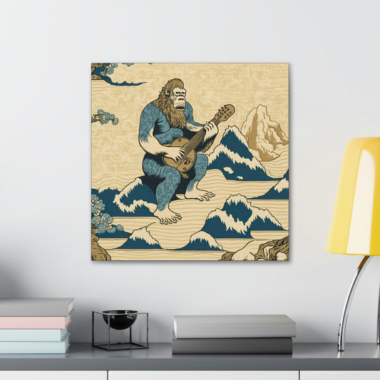 Sasquatch Playing Guitar Wall Art,  Wildlife Mountain Canvas Wall Art, Bigfoot Sasquatch Decal, Retro Art Print, Above Bed Wall Decor
