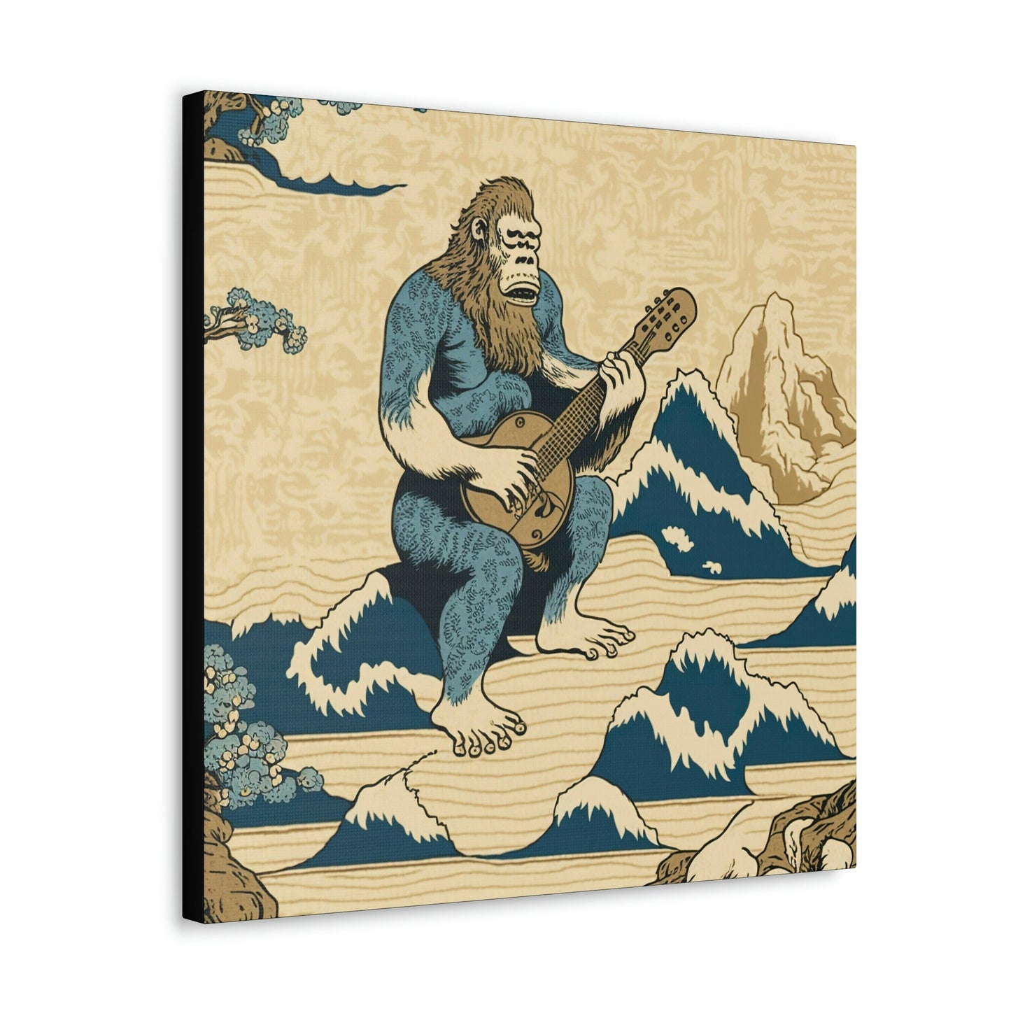 Sasquatch Playing Guitar Wall Art,  Wildlife Mountain Canvas Wall Art, Bigfoot Sasquatch Decal, Retro Art Print, Above Bed Wall Decor