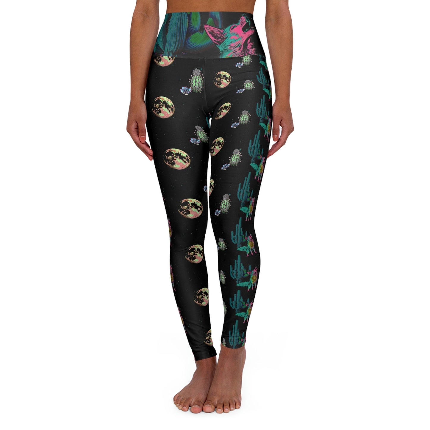 Coyote Space High Waist Leggings, Wolf Howling Leggings, Trippy Cactus Printed Leggings, Yoga Fitness Leggings