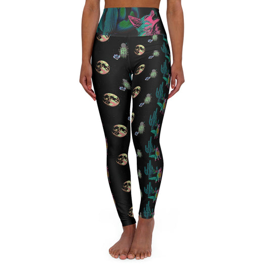 Coyote Space High Waist Leggings, Wolf Howling Leggings, Trippy Cactus Printed Leggings, Yoga Fitness Leggings