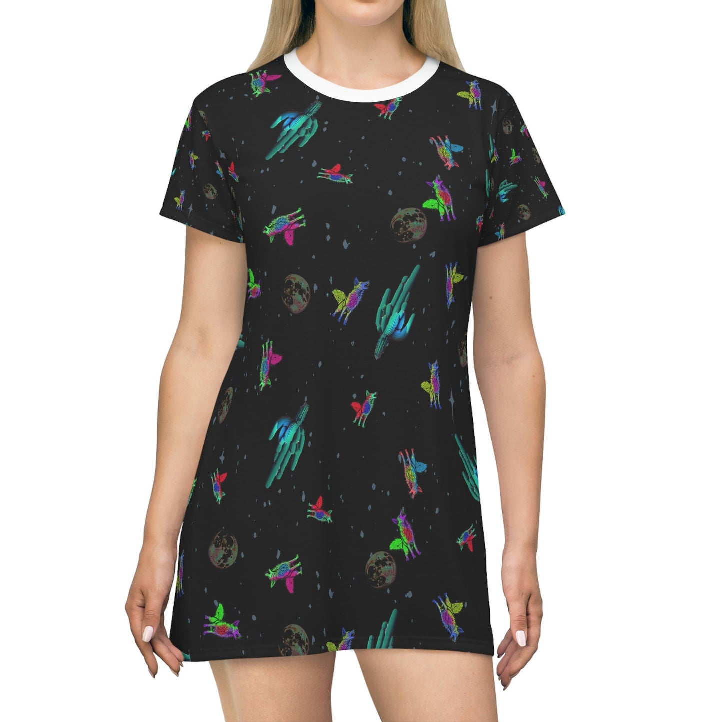 Space Tshirt Dress, Coyote Animal Shirt Dress, Oversized Women Tshirt, Comfy Summer Clothing, Plus Size Dress