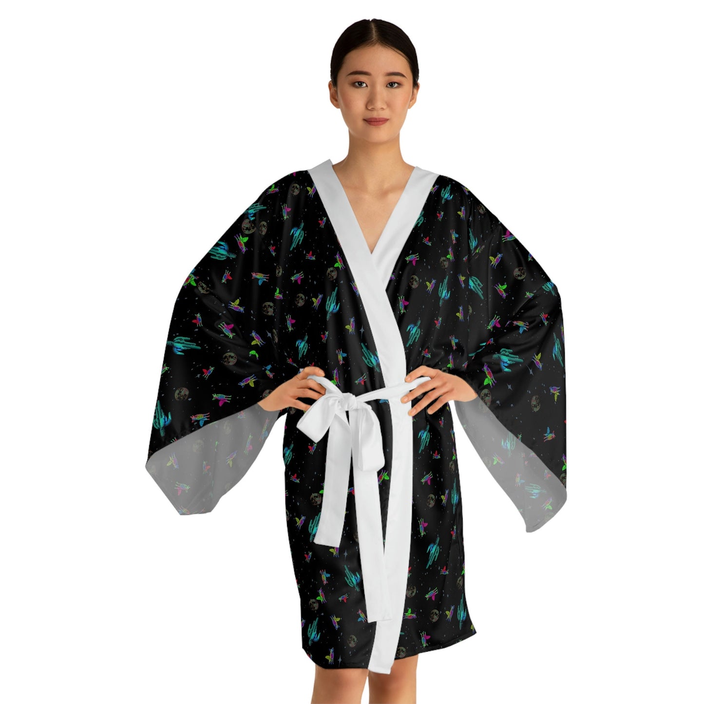 Coyote Long Sleeve Kimono Robe, Boho Kimono Robe Space Dress Women, Japanese Kimono Robe for Women, Plant Clothing