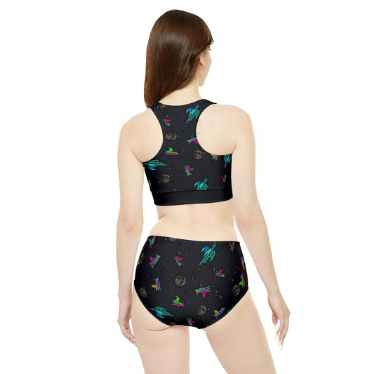 Space Print High Waisted Bikini Set, Coyote Sporty Bikini Set, Girls Summer Bikini, Two Piece Set Gift For Women