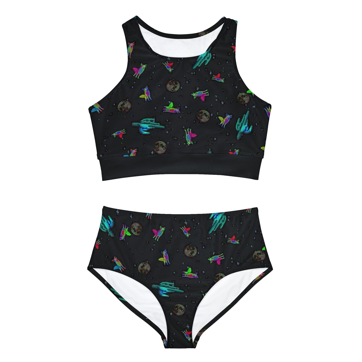 Space Print High Waisted Bikini Set, Coyote Sporty Bikini Set, Girls Summer Bikini, Two Piece Set Gift For Women