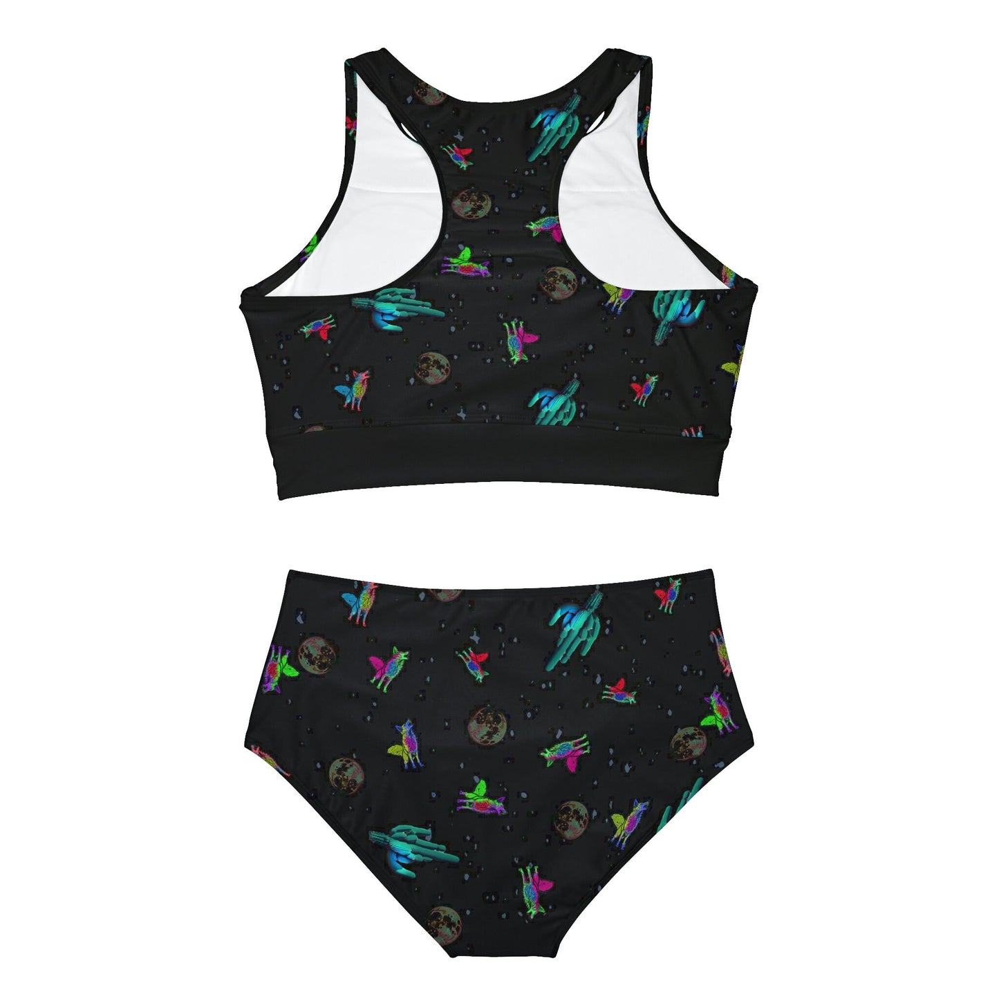 Space Print High Waisted Bikini Set, Coyote Sporty Bikini Set, Girls Summer Bikini, Two Piece Set Gift For Women