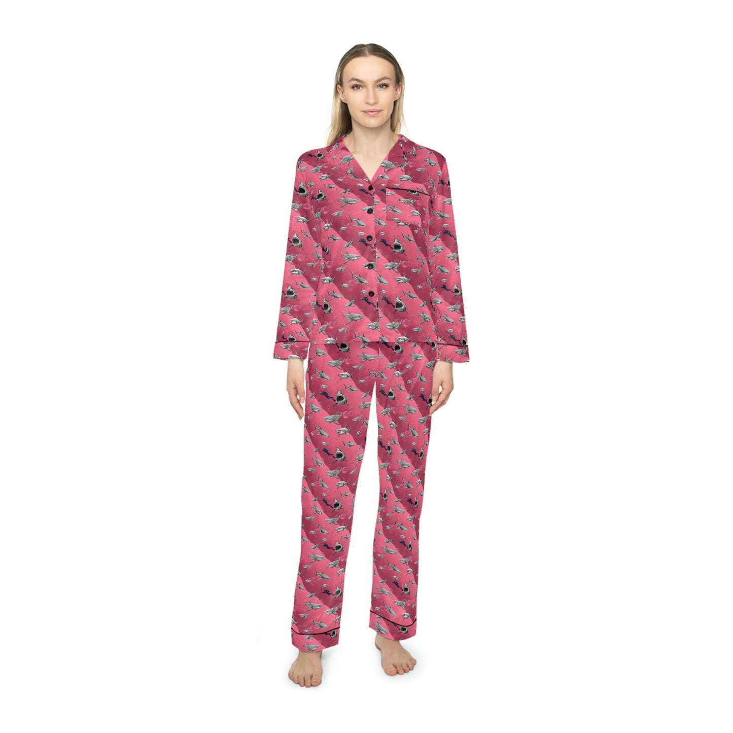 Pink Sea Shark Pajamas Set Women, Satin Pajamas, Shark Clothing Scuba Shirt, Pjs for Women Clothing Set, Night Wear