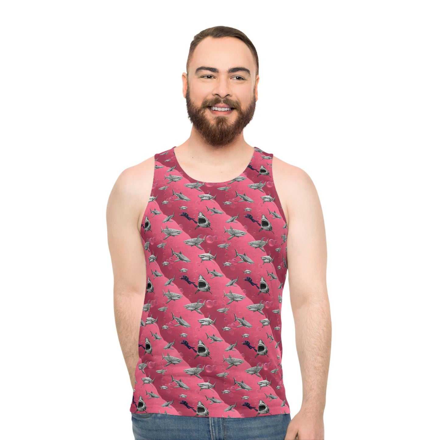 Pink Sea Shark Tank Top, Scuba Diving Muscle Shirt, Summer Workout Tank Top, Pink Fitness Shirt, Sleeveless Shirt, Gym Top