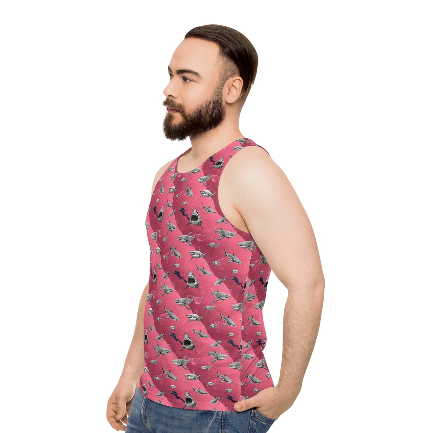 Pink Sea Shark Tank Top, Scuba Diving Muscle Shirt, Summer Workout Tank Top, Pink Fitness Shirt, Sleeveless Shirt, Gym Top