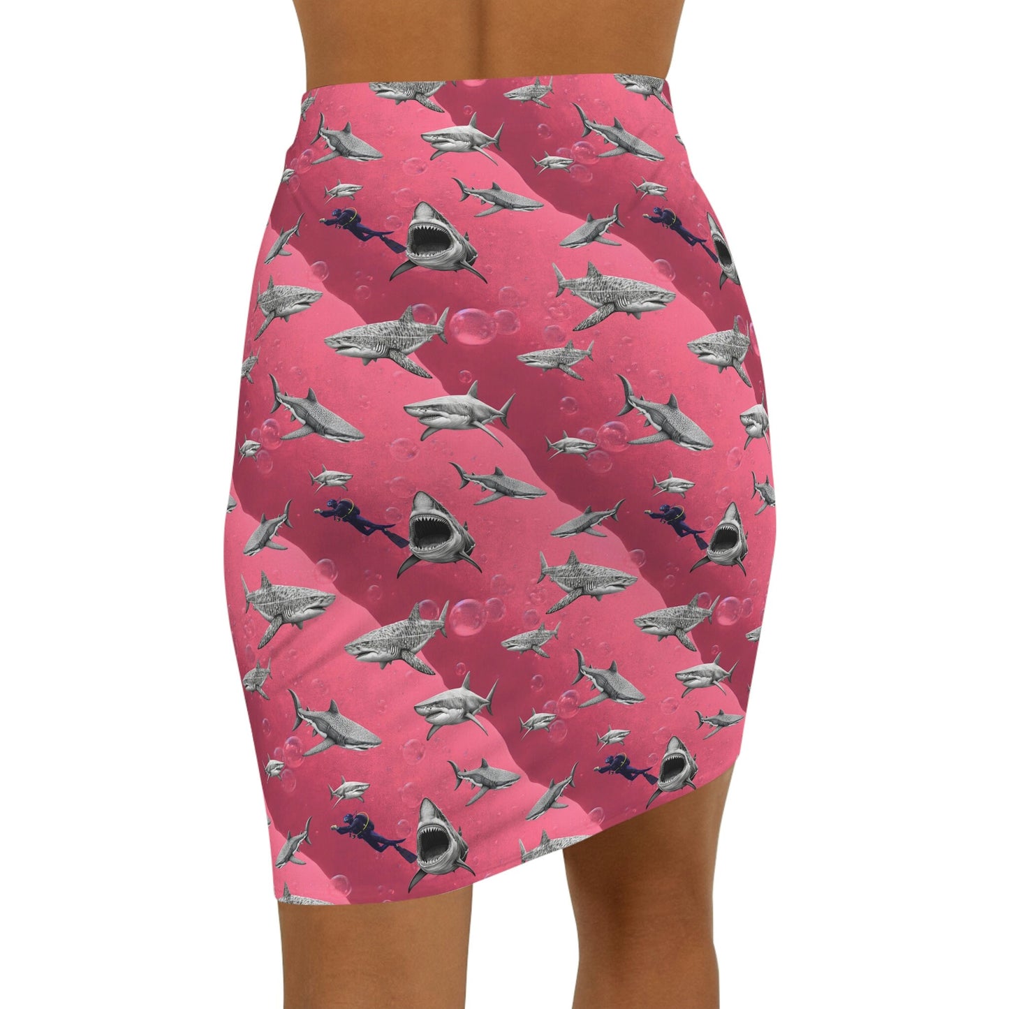Shark Pencil Skirt, Forest Print Women's Skirt, Handmade Scuba Mini Skirt, Pink Sea Skirt, High Waist Skirt, Colorful Apparel