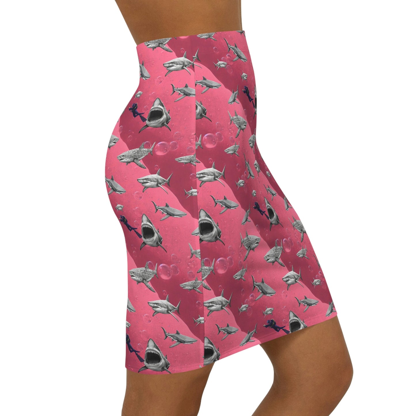 Shark Pencil Skirt, Forest Print Women's Skirt, Handmade Scuba Mini Skirt, Pink Sea Skirt, High Waist Skirt, Colorful Apparel