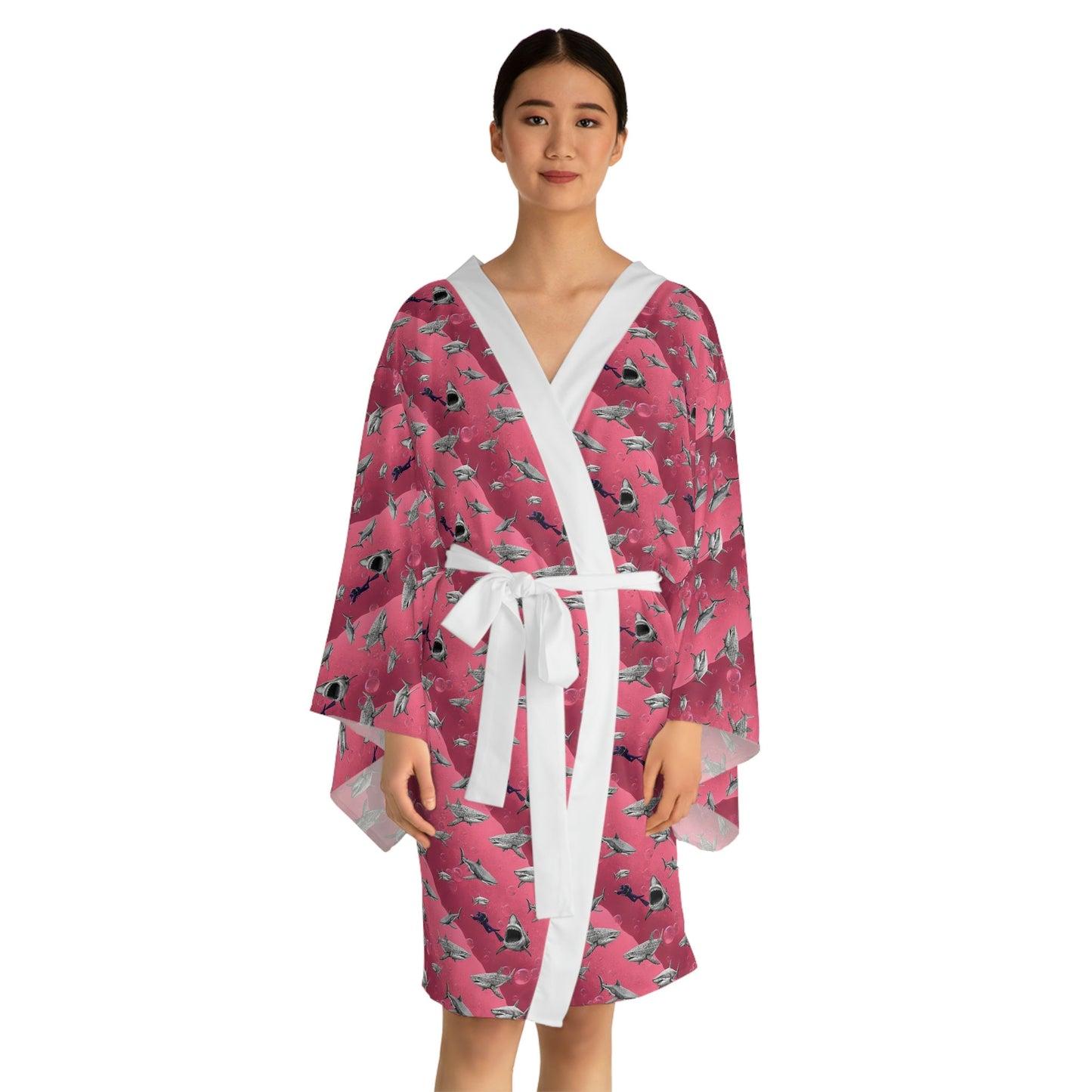 Pink Sea Shark Long Sleeve Kimono Robe, Shark Clothing Pink Kimono Robe, Boho Kimono Robe, Traditional Clothing Robe for Women