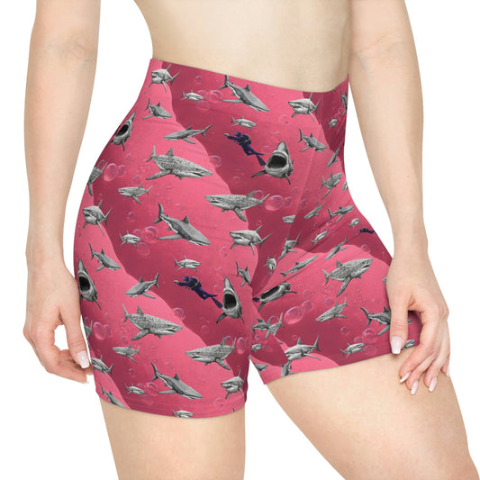 Pink Sea Shark Women Biker Shorts, Scuba Diving Graphic Shorts, Shark Clothing Gym Shorts, Sexy Booty Shorts, Pink Workout Shorts