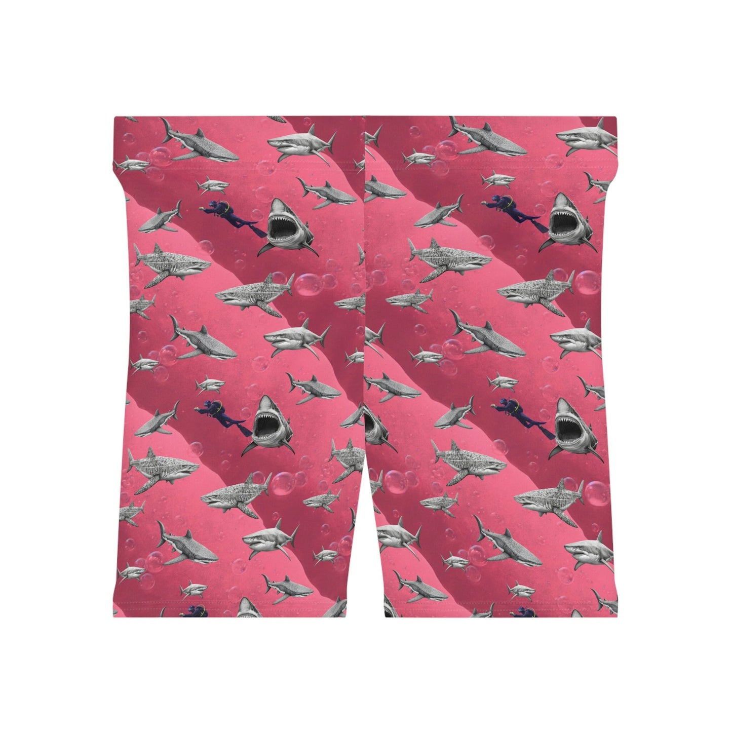 Pink Sea Shark Women Biker Shorts, Scuba Diving Graphic Shorts, Shark Clothing Gym Shorts, Sexy Booty Shorts, Pink Workout Shorts