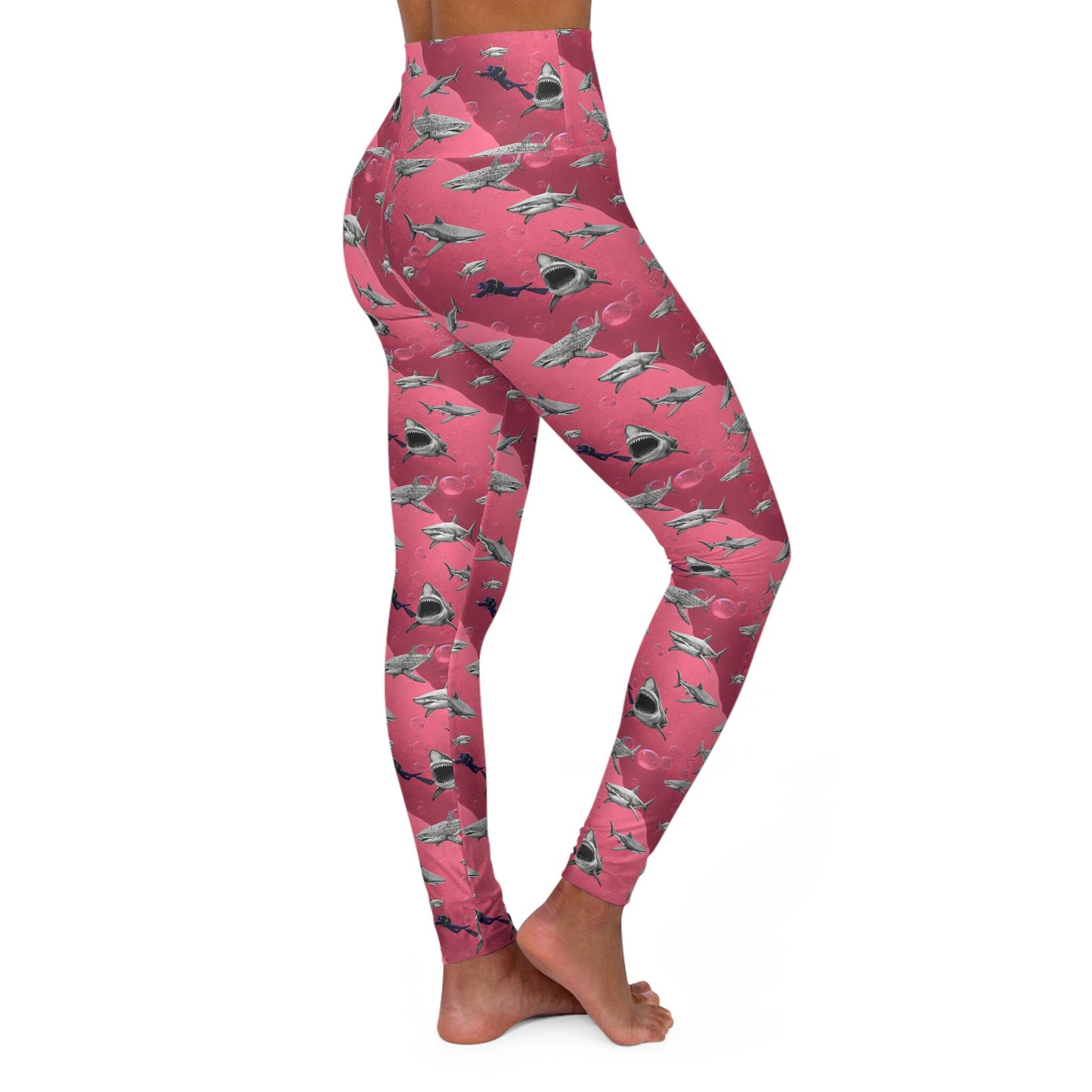 Shark Pink Sea Scuba High Waist Leggings, Printed Swim Leggings, Yoga Leggings, Fitness Leggings, Gym Leggings