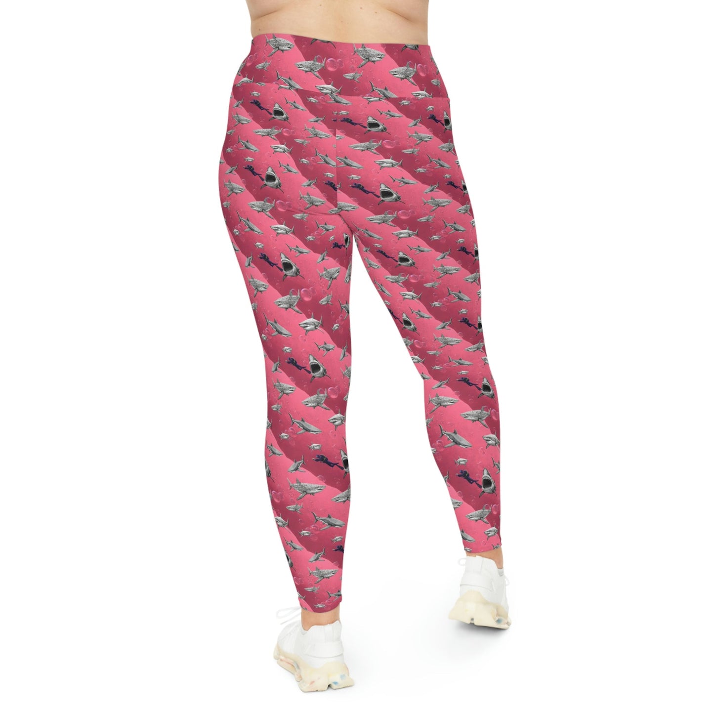 Shark Pink Sea Plus Size Leggings, Scuba Diving Printed Leggings, Swim Leggings, Yoga Fitness Leggings, Gym Leggings