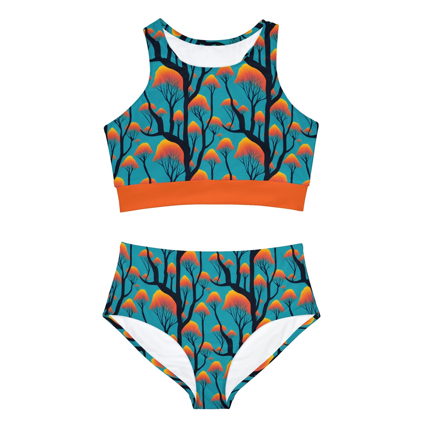 Ape Orange Sports Bikini, Two Piece Bikini Set, Forest Print Sexy Bikini, Sporty Bikini Set, Orange Bikini For Girls