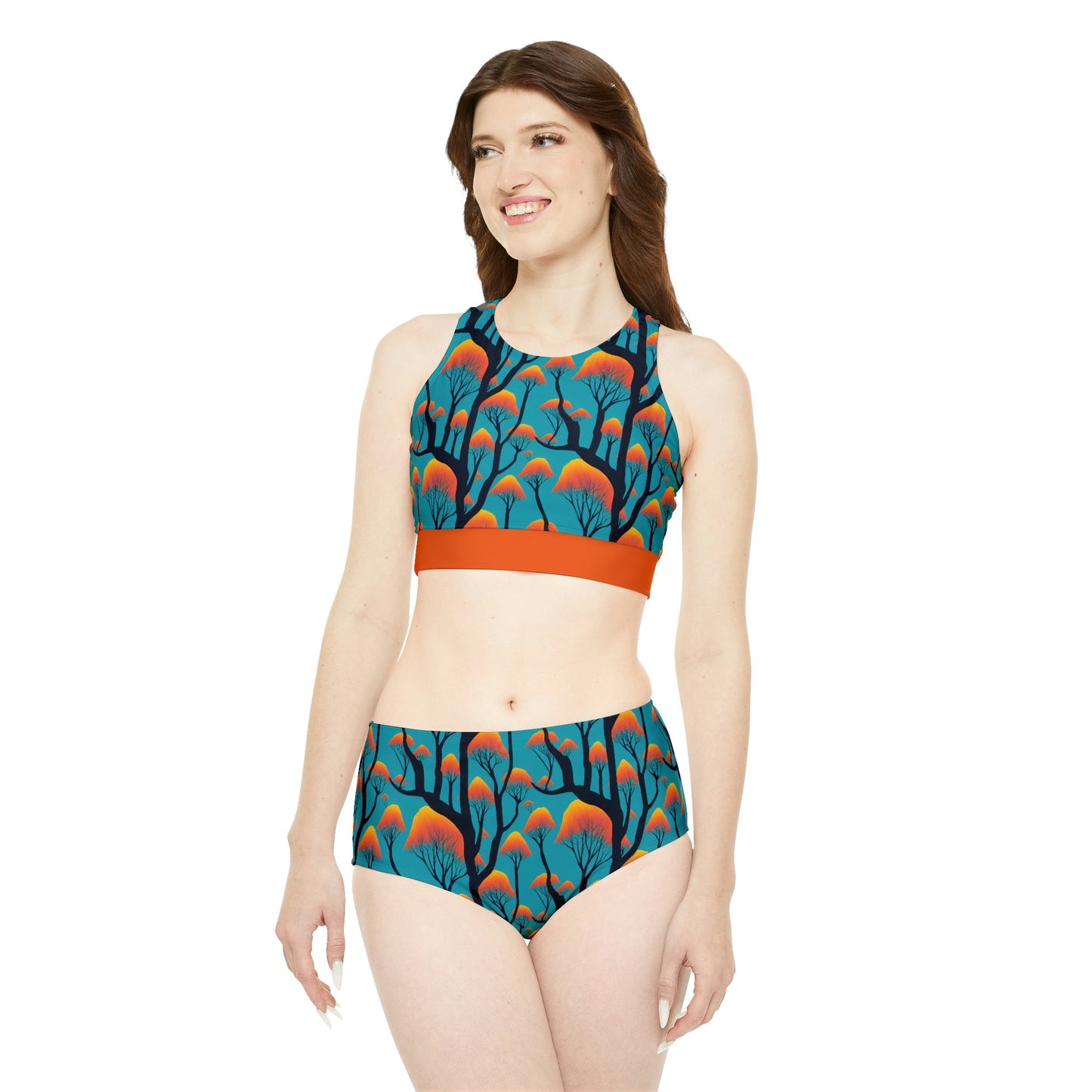 Ape Orange Sports Bikini, Two Piece Bikini Set, Forest Print Sexy Bikini, Sporty Bikini Set, Orange Bikini For Girls